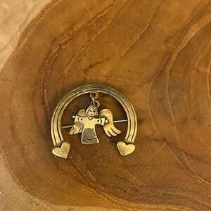RETIRED Jeep Collins Rainbow Bar Pin Brooch with Dangling Angel, Brass